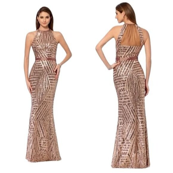 NWT Cache Women Rose Gold Sequined Mermaid NYE Evening Gown Maxi Dress Sz 6 3156 - Picture 4 of 13